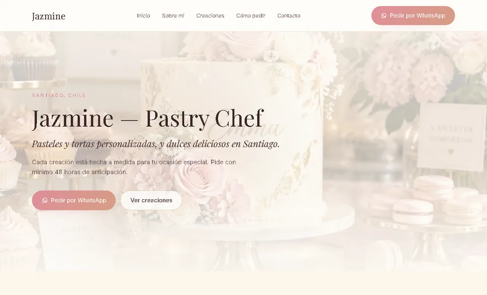 Demo de página web para negocio de comida: Jazmine Pastry Chef