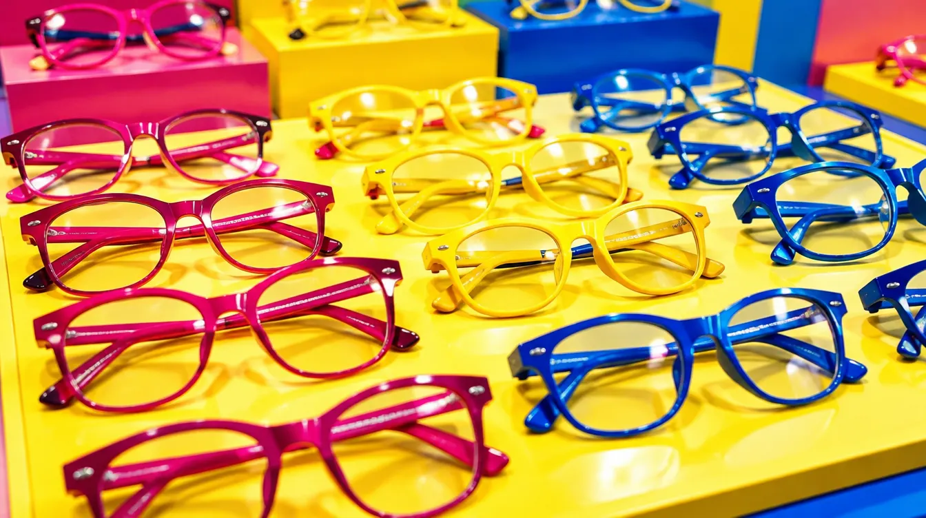 Lentes de marcos de colores vivos ordenados en una vitrina (imagen de ejemplo)